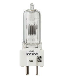 EHA100V500W (TYPE5968)　フィリップス（KLS)　　定格電圧100Ｖ　消費電力500Ｗ　色温度3200k　平均寿命75h　点灯方向BD/HOR　ワーキング距離[Ｗ、Ｄ]33mm Aガラス径19.5mm　MOL全長76.2mm　口金GY9.5